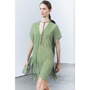 Zara Oversized Top Womens L Green Silk Wavy Stripe Coastal Beachy Mediterranean